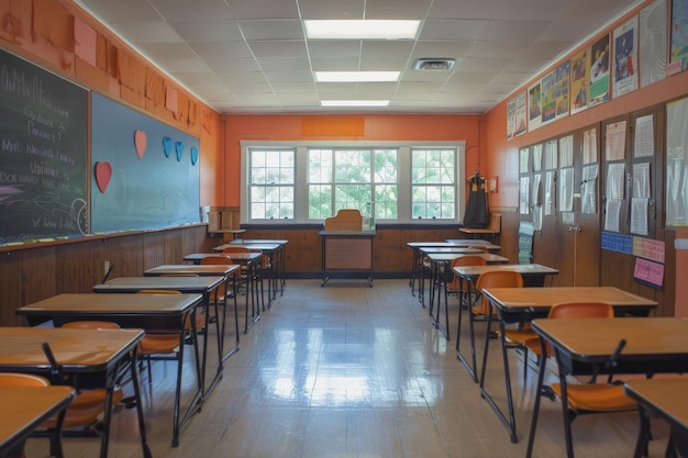 The classroom has a modern teachers desk and a teachers desk in the middle AI Generated