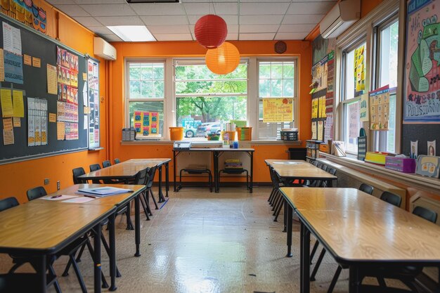 The classroom has a modern teachers desk and a teachers desk in the middle AI Generated