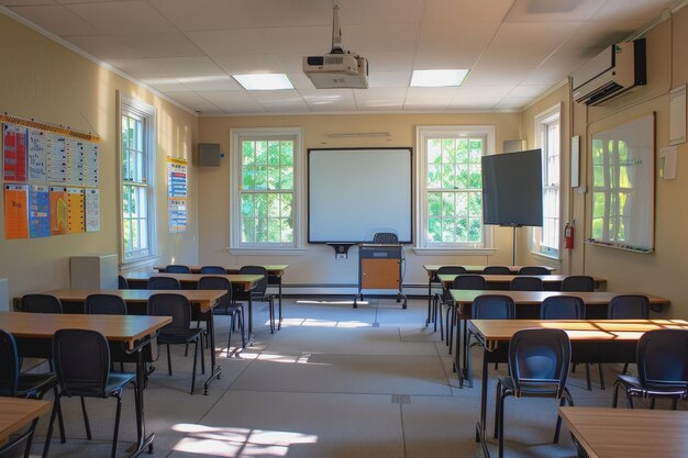 The classroom has a modern teachers desk and a teachers desk in the middle AI Generated