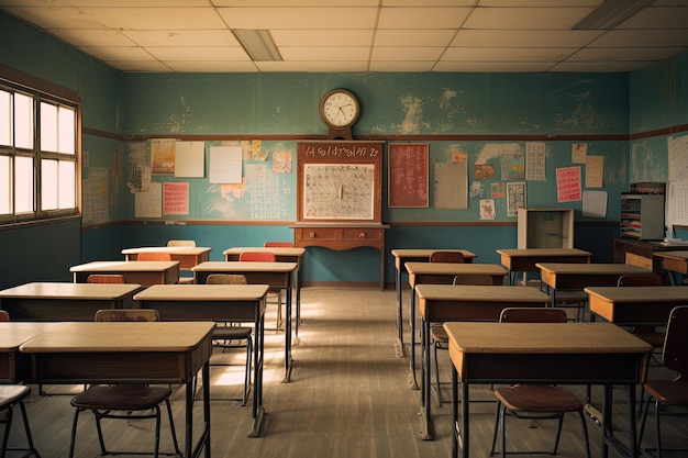 Classroom in an old school with tables chairs chairs and desks School classroom with school desks and blackboard in Japanese high school AI Generated