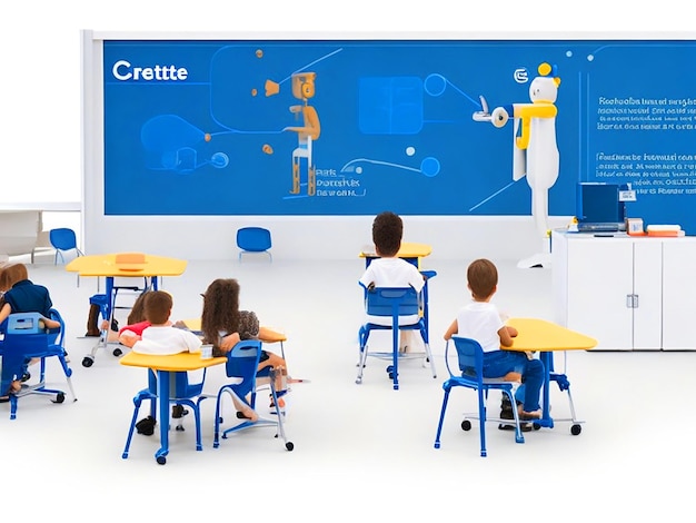 classroom scene including whiteboard students tables and chairs to set the educational context