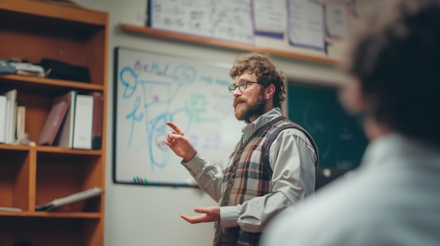 Photo classroom scene of science teacher educating students with whiteboard