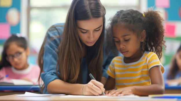 classroom scene where a female teacher is assisting a young girl with her schoolwork with other children focused on their tasks around them