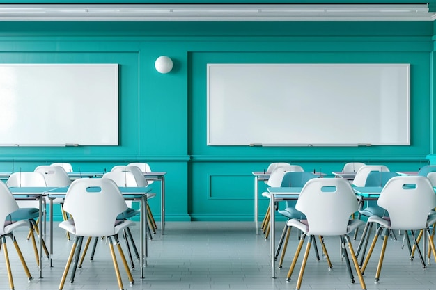 Classroom scene with interactive whiteboards blue desks white chairs