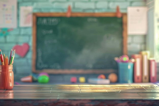 Classroom setting with empty chalkboard surrounded by colorful school supplies and sunlight