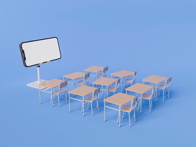 Classroom Setup with Smartphone Screen on Blue Background