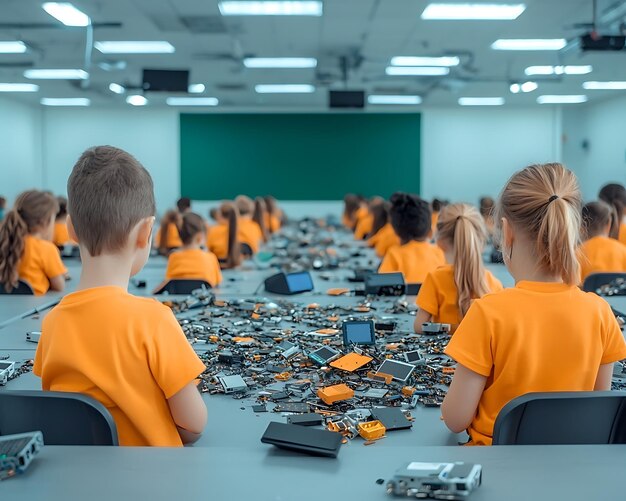 Photo a classroom of students learning about the importance of ewaste recycling