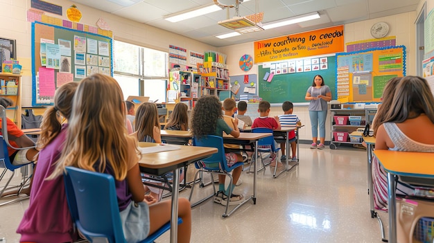 A classroom of students sitting at their desks and looking at the teacher The