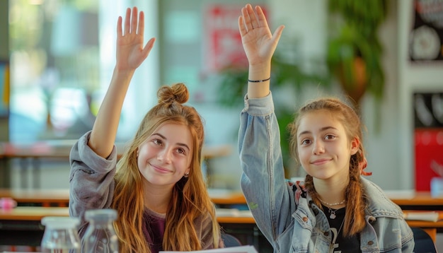 Photo in a classroom two joyful young girls happily raise their hands smiling with joy