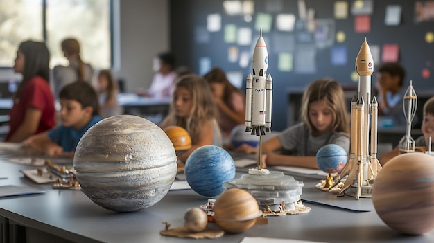 Photo classroom where student learning about space exploration model of planet rocket sparking curiosity