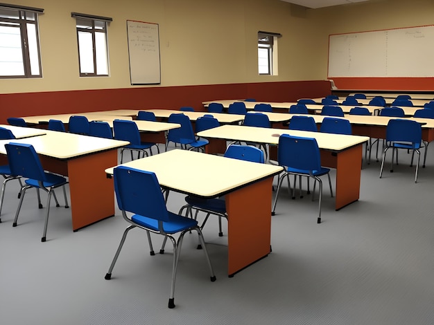 A classroom with blue chairs and a whiteboard that says " school " on it.