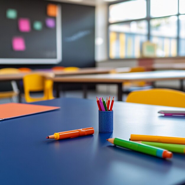 Photo a classroom with a blue table with yellow pencils on it