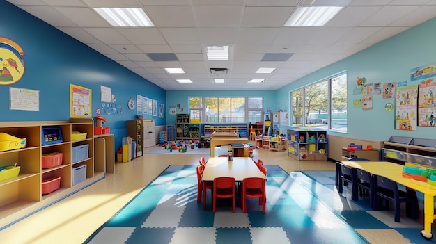 Photo a classroom with a blue wall and a red chair with a blue and white checkered floor