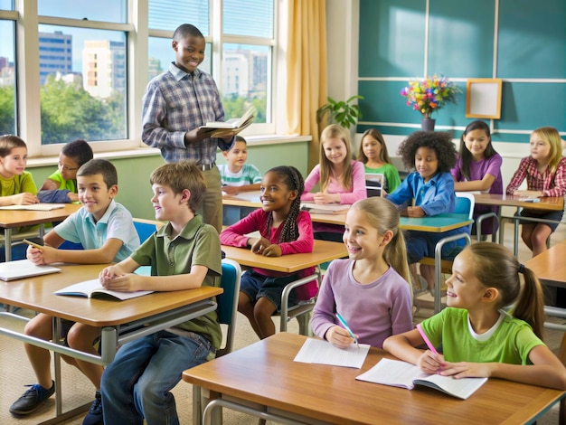 a classroom with a boy standing in front of a girl in a green shirt