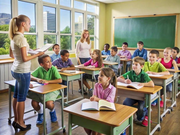 a classroom with a boy standing in front of a teacher with a book in front of him