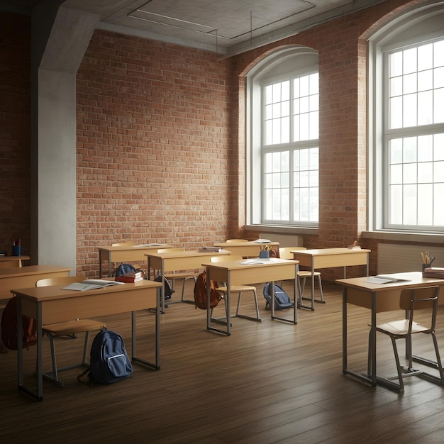 a classroom with a brick wall and a backpack on the back of the desks