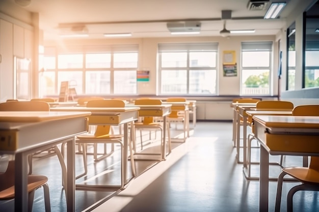 A classroom with a bright sun shining on the window