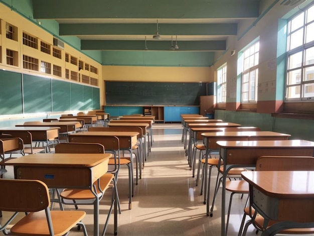 A classroom with a chalkboard and chairs with a green wall behind it