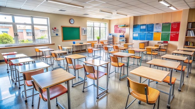 a classroom with a chalkboard and a chalkboard with a blue board above it