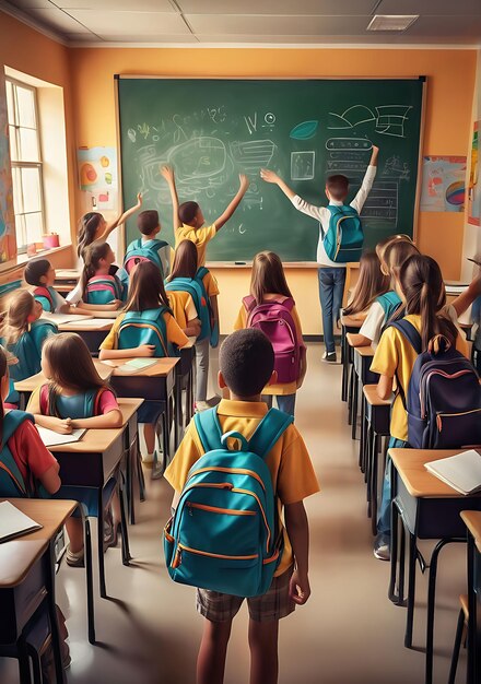 a classroom with a chalkboard that says quot students quot