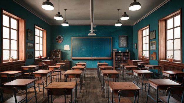 a classroom with a chalkboard that says the word on it