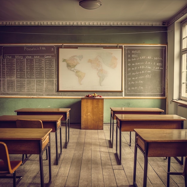 a classroom with a chalkboard that says  world  on it