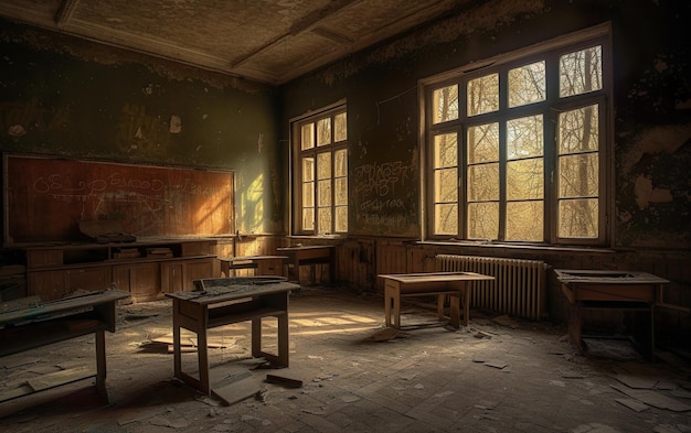 A classroom with a chalkboard on the wall and a chalkboard on the wall.