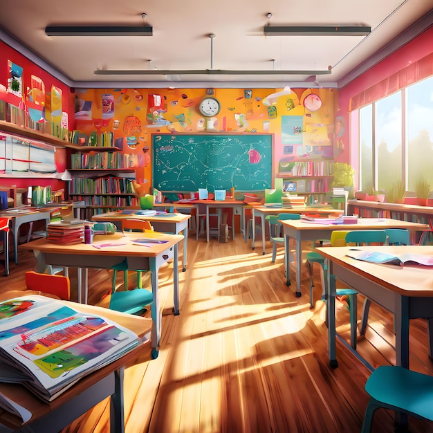 a classroom with a chalkboard with books on the wall and a clock on the wall