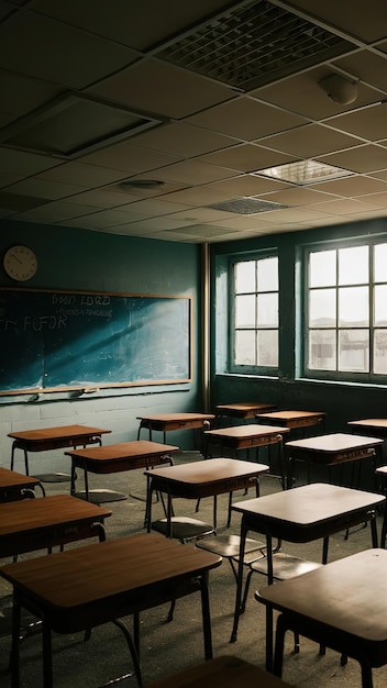 a classroom with a chalkboard