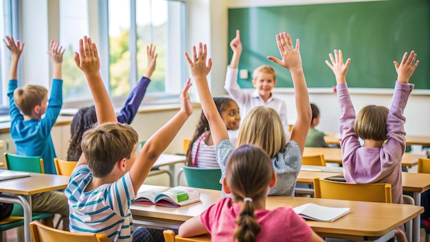 Photo a classroom with children raising their hands in the air