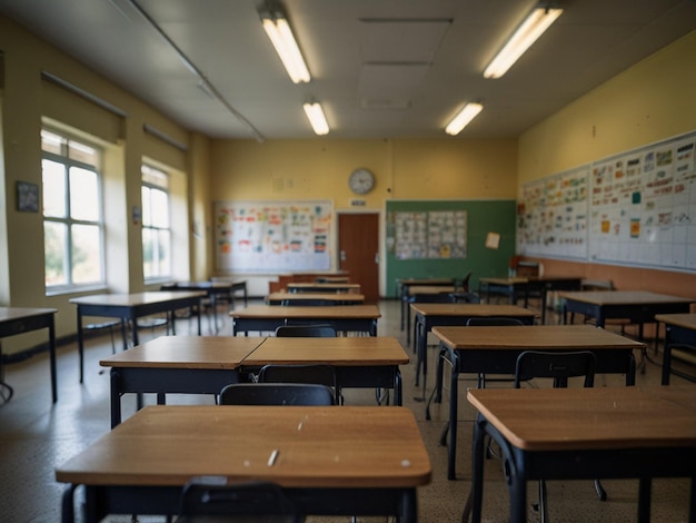 a classroom with a clock on the wall above the desks