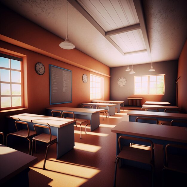 A classroom with a clock on the wall and a table with chairs and a table with chairs.