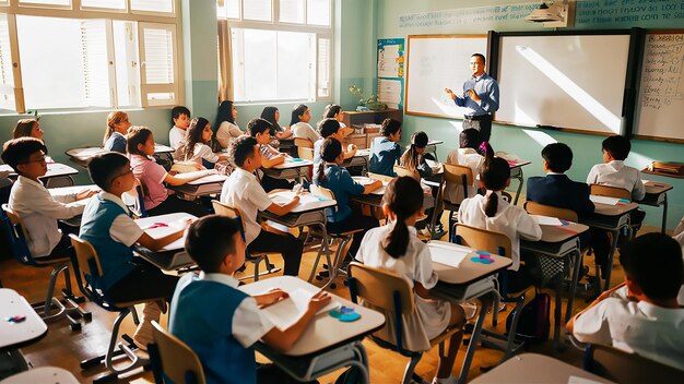 a classroom with a clock on the wall and the time is 1 00