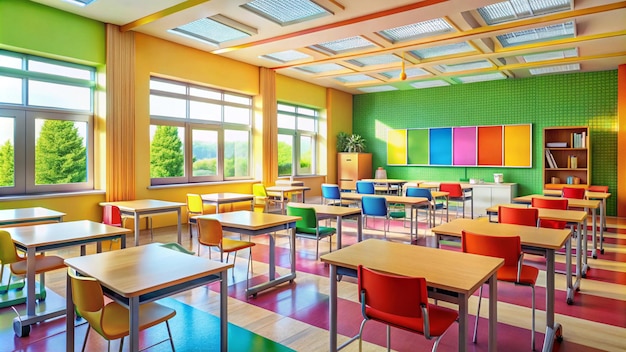 a classroom with colorful chairs and a rainbow painting