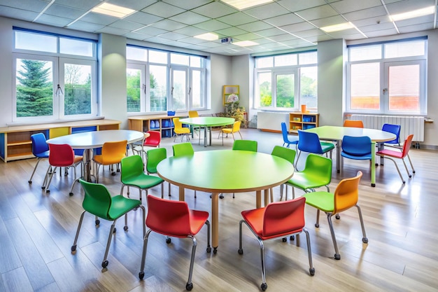 Photo a classroom with colorful chairs and tables