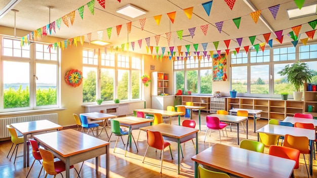 a classroom with colorful flags hanging from the ceiling and a rainbow banner hanging from the ceiling