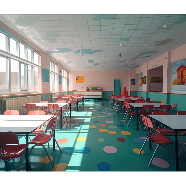 Photo a classroom with a colorful floor with a picture of a building with a painting on it