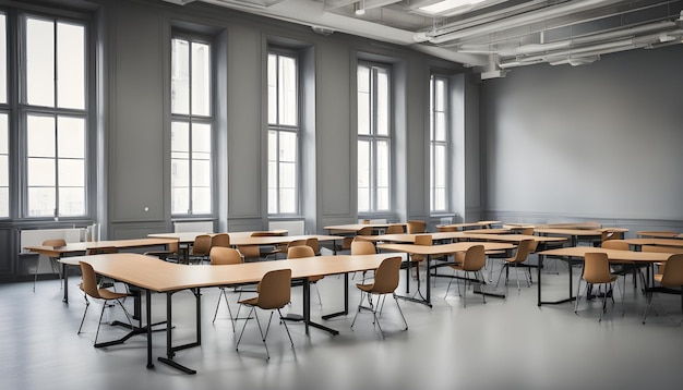 a classroom with desks and chairs with one that says  no one