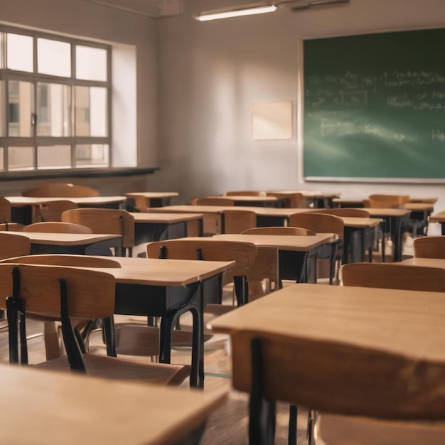 Classroom with empty desks and chalkboard