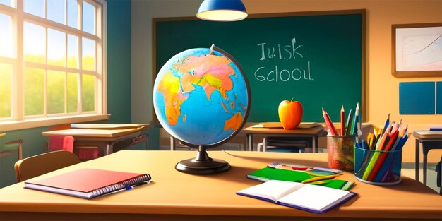 Photo a classroom with a globe and a chalkboard with a pencil on it