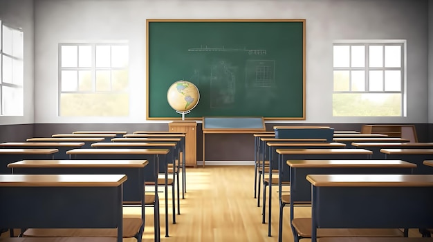 A classroom with a globe and desks in front of it.