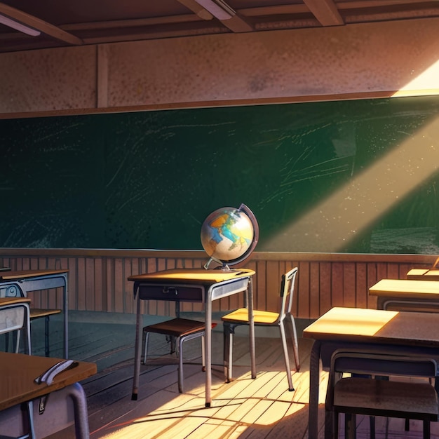 a classroom with a globe on the top of it