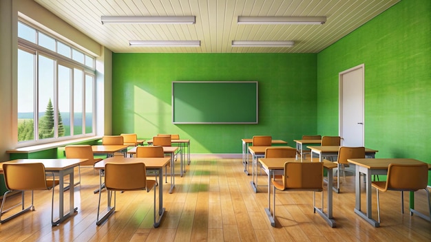 a classroom with a green board that says  classroom