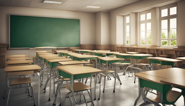 a classroom with a green board that says  the word  on it