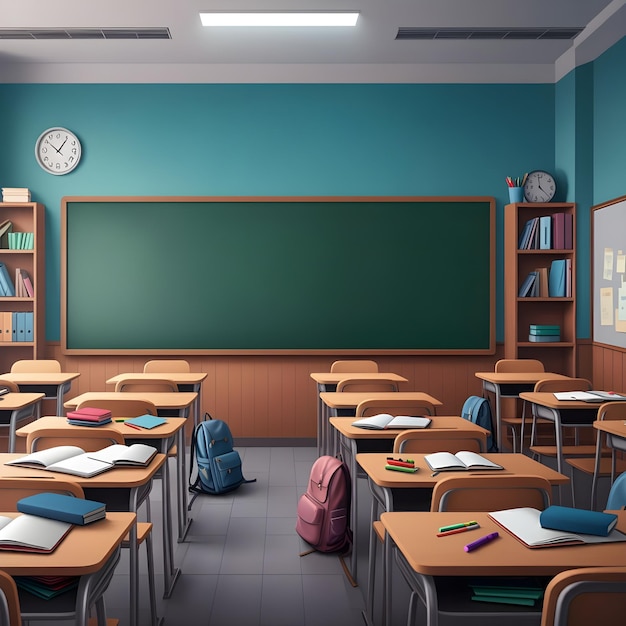 a classroom with a green board with a clock on the wall above it