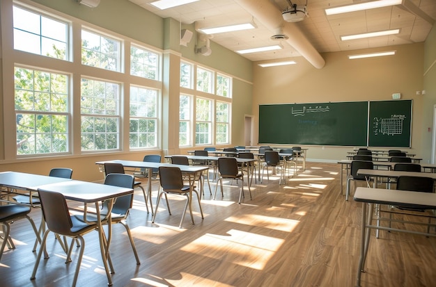 a classroom with a green chalkboard and a chalkboard with the words  no  on it