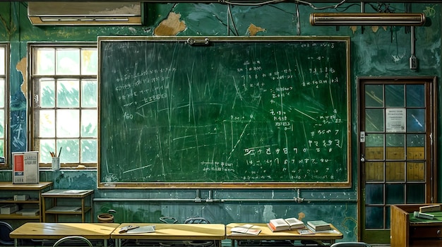 A classroom with a green chalkboard and a sign on the door