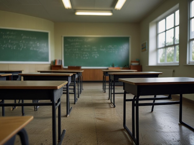 a classroom with a green chalkboard that says quot no quot