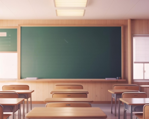 A classroom with a green chalkboard that says " the word " on the bottom.