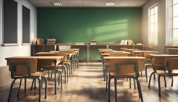 a classroom with a green wall and a desk with chairs and a green wall